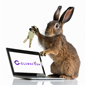Imagen de una liebre con unas llaves en la mano frente a su laptop