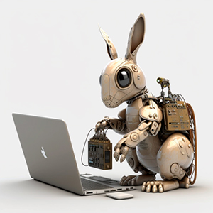 imagen de una liebre robot trabajando en su laptop